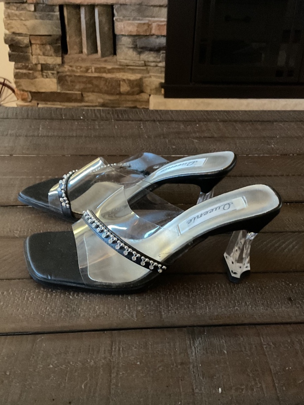 🤩 Queenie Clear Rhinestone Strap Black Heeled Sandals - size 7